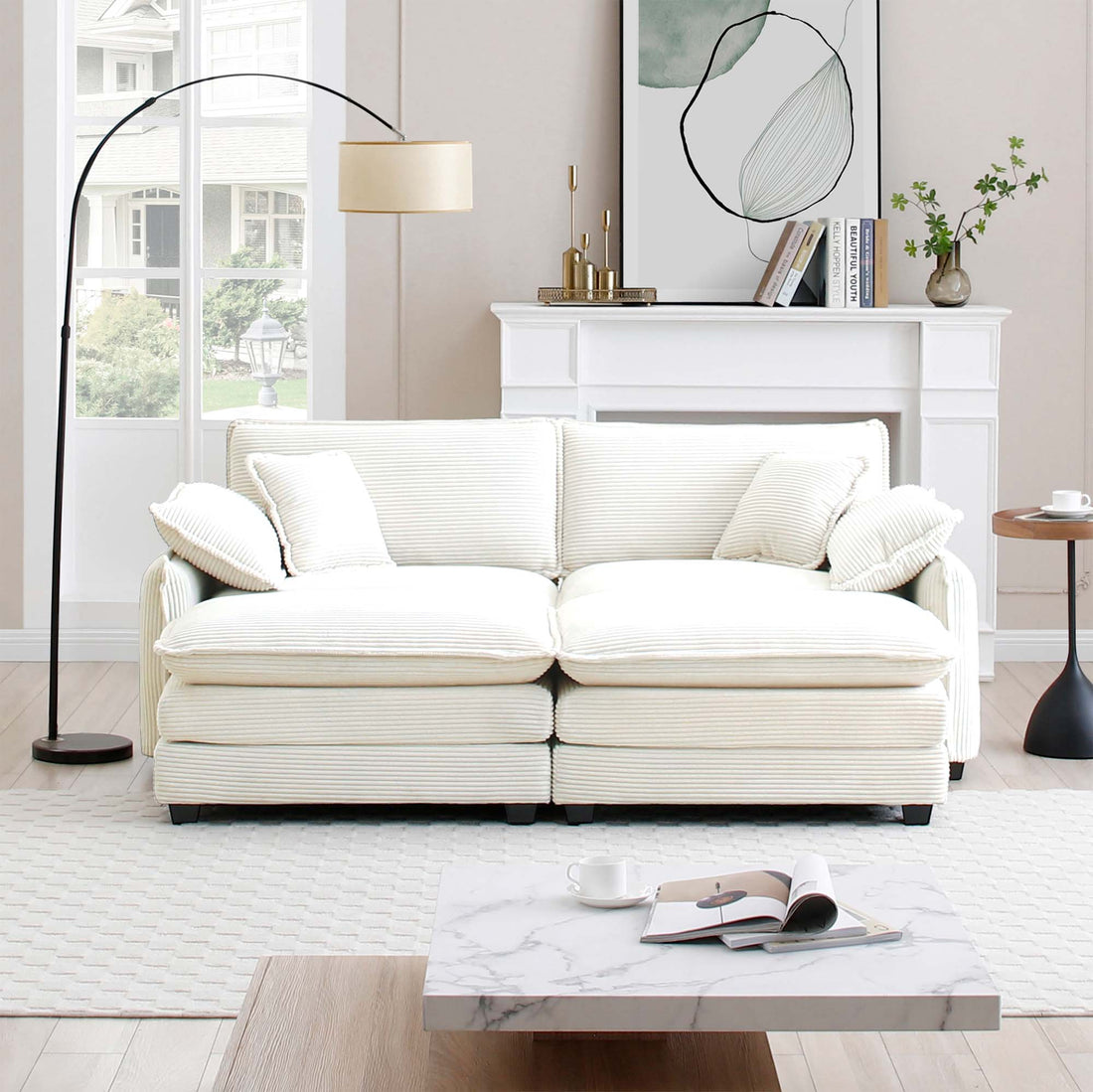 Two Seater Theater Sofa With 2 Footrest, 2 Seater Sofa With Ottoman For Small Living Spaces, Beige Corduroy Beige Corduroy 2 Seat