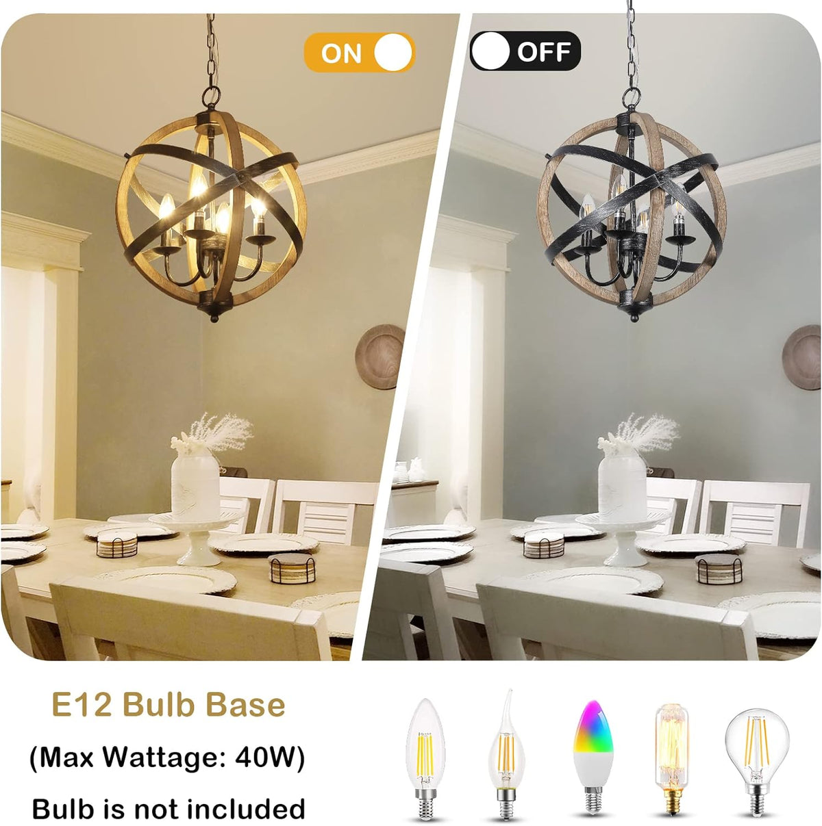 Farmhouse Chandelier Light Fixtures 4 Light Dining Room Light Fixtures Height Adjustable Rustic Wood Light Fixtures Ceiling Hanging For Kitchen, Living Room, Hallway, Bedroom, Foyer Entryway Wood Wood Metal
