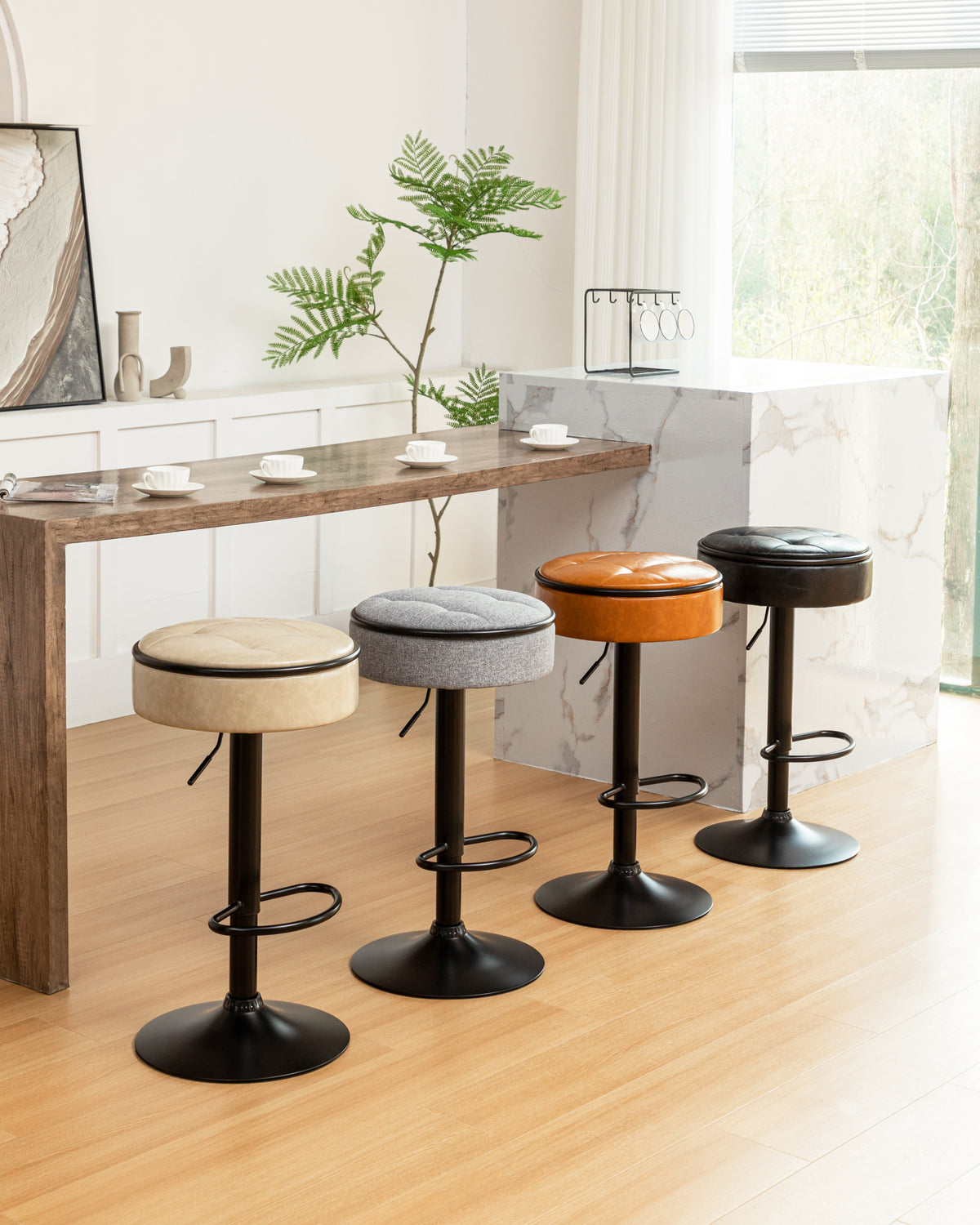 Round Storage Bar Stool Set Of 2, Brown Faux Leather Height Adjustable Barstool, 360 Counter Height Swivel Stool, Armless Bar Chair With Metal Frame For Kitchen Counter Dining Living Room Brown Set Of 2 Foam Pu Leather