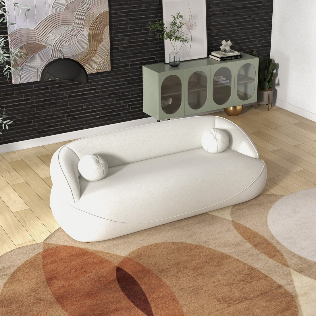 Andrew Beige Boucle Sofa Beige,Ivory White,Light Beige,White Wood Primary Living Space Medium Firm Mid Century Modern Foam Boucle,Solid Wood 3 Seat