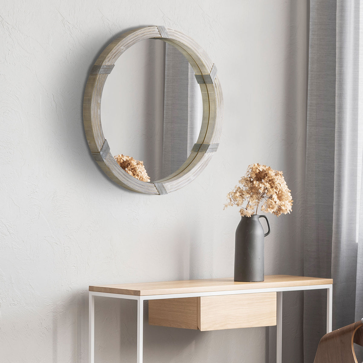 Homcom 30.75" Wood Wall Mirror, Farmhouse Decorative E Round Mirror For Wall Decor In Living Room, Bedroom, Natural Wood Color Natural Wood Mdf