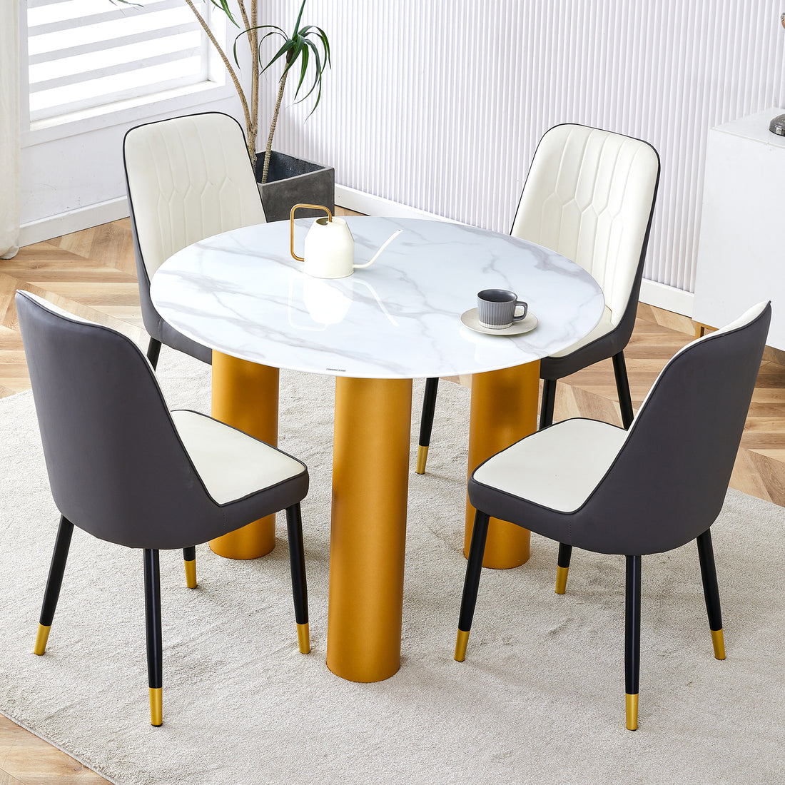 Table And Chair Set, Round Table With White Marble Pattern, Gold Mdf Table Legs, Soft And Comfortable Dining Chair, Suitable For Kitchen And Living Room White Mdf