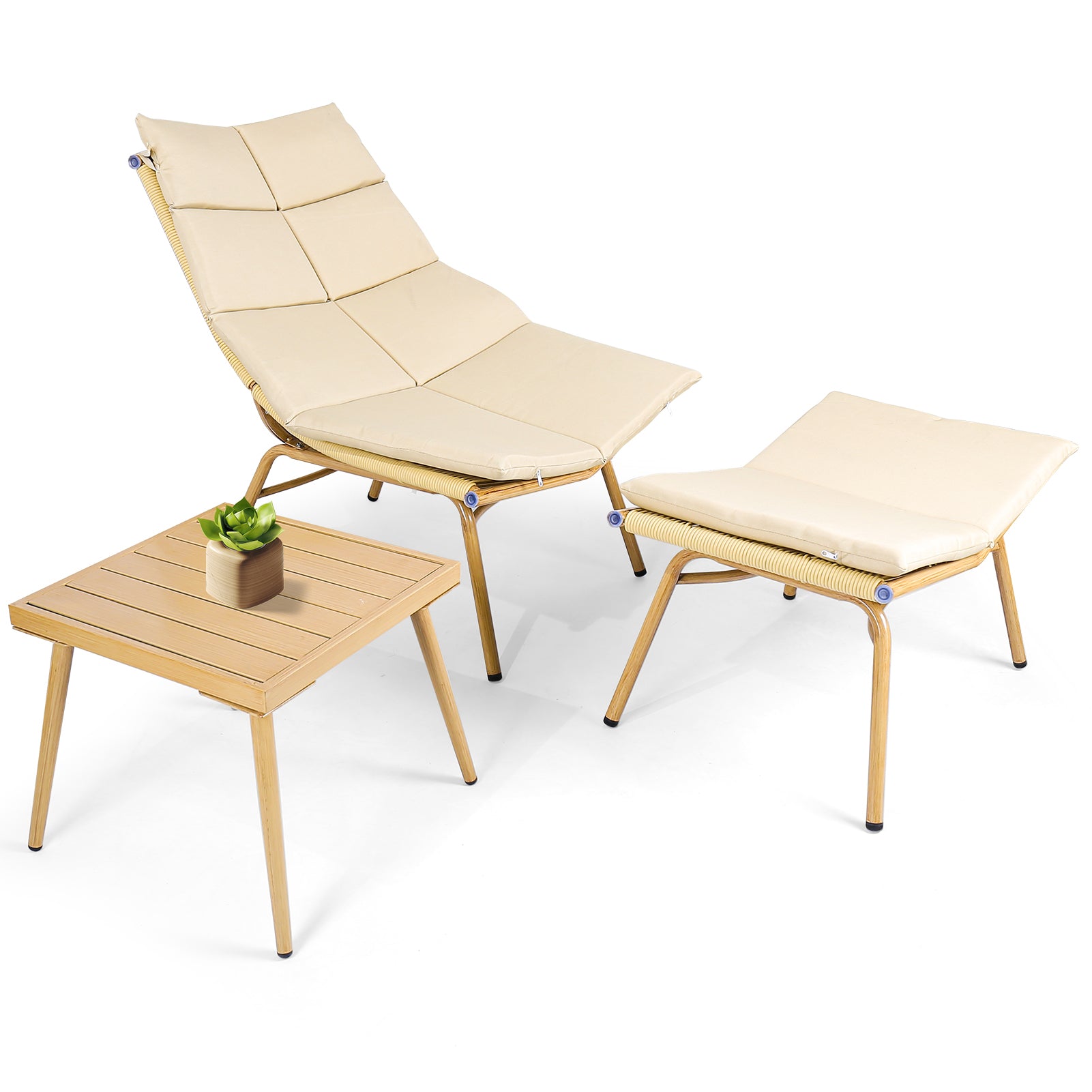 Chaise Lounge Chair With Table For Outdoor Indoor Wood Color Alloy Frame 380Lbs Capacity With Cushion Recliner For Camping Gaming Lunch Break Garden Party Sunbathing Gold Brown Rattan Metal