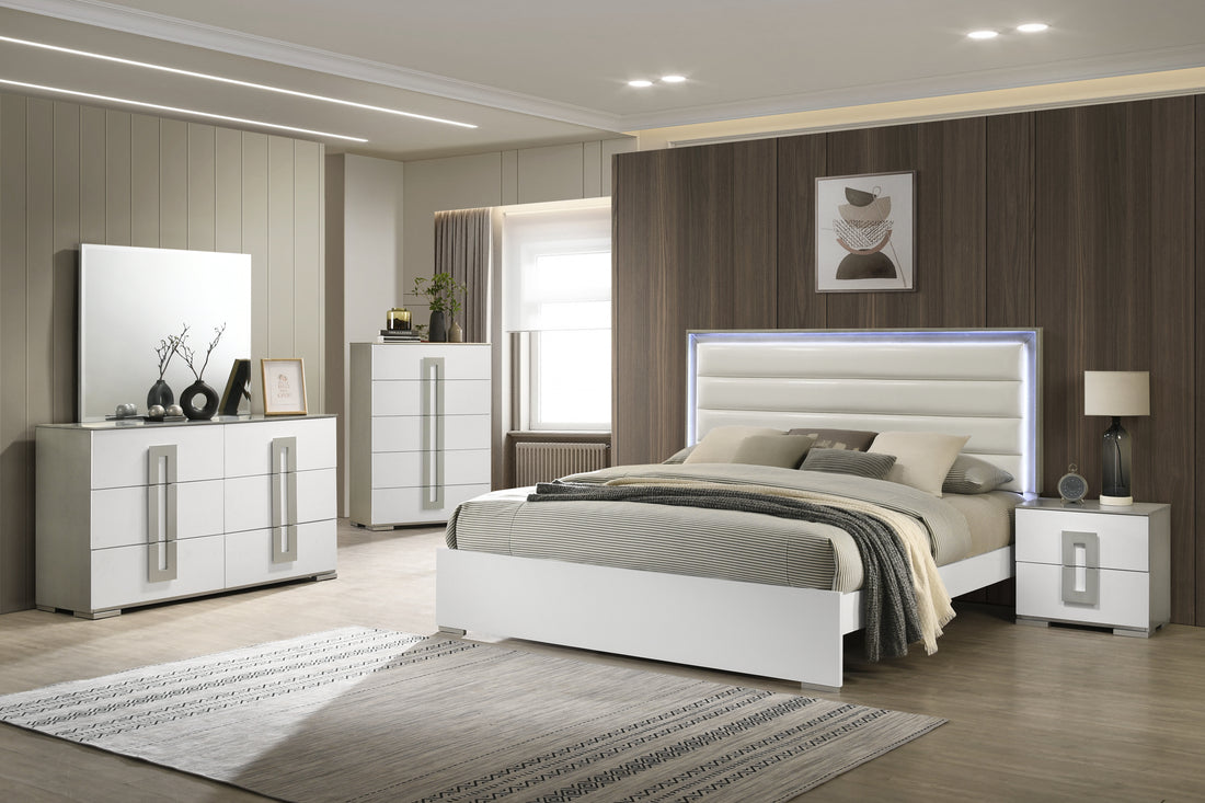 Olivia Contemporary Style 5 Pc Queen Bedroom Set With Led Headboard Made With Wood In White Box Spring Required Queen White Wood 5 Piece Set Bedroom Bed Included,Chest Included,Dresser