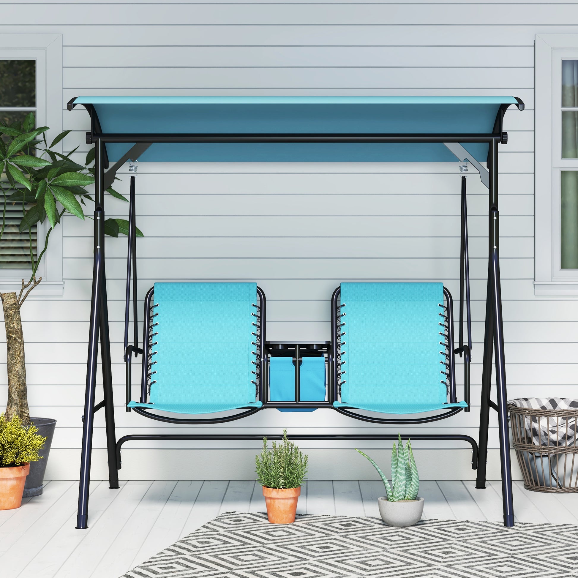 Outsunny 2 Seat Patio Swing Chair, Outdoor Canopy Swing Glider With Pivot Storage Table, Cup Holder, Adjustable Shade, Bungie Seat Suspension And Weather Resistant Steel Frame, Blue Blue Steel