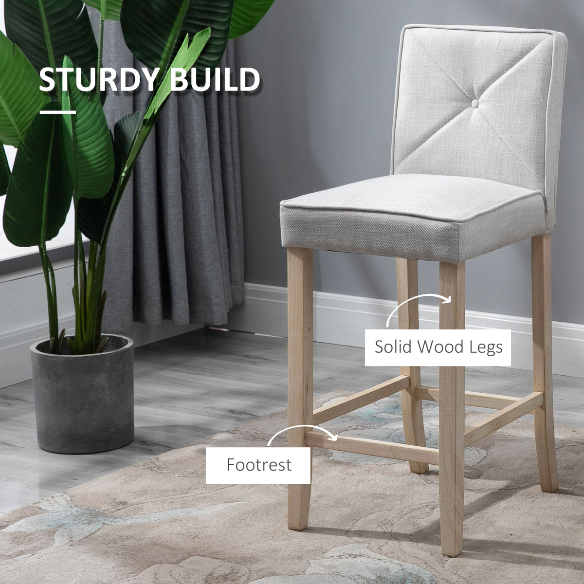 Homcom Modern Bar Stools Set Of 2, Upholstered Bar Height Kitchen Stools With Build In Footrest, Solid Wood Legs, Beige Beige Polyester