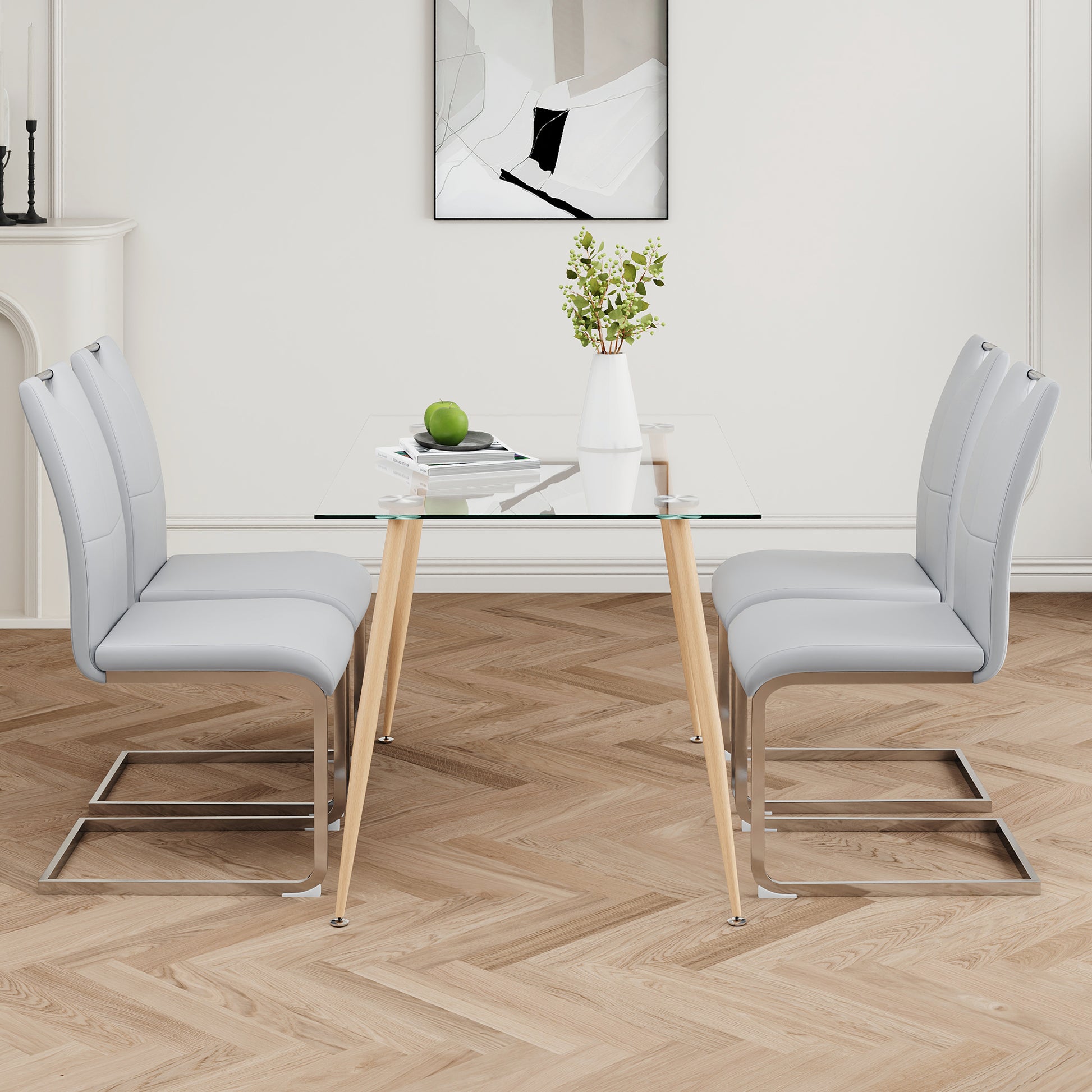 Modern Simple Rectangular Glass Dining Table, Solid Tempered Glass Countertop, Wood Transfer Metal Table Legs, Gray Pu Dining Chair Set, Suitable For Restaurant Kitchen Use Set Of 5 Upholstered Chair Glass Gray Pu Seats 4 Metal Rectangular Dining Table