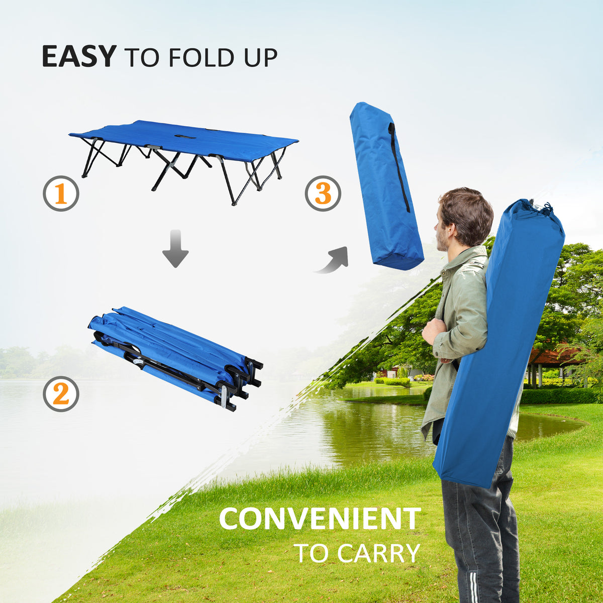 Outsunny 2 Person Folding Camping Cot For Adults, 50" Extra Wide Outdoor Portable Sleeping Cot With Carry Bag, Elevated Camping Bed, Beach Hiking, Blue Blue Steel