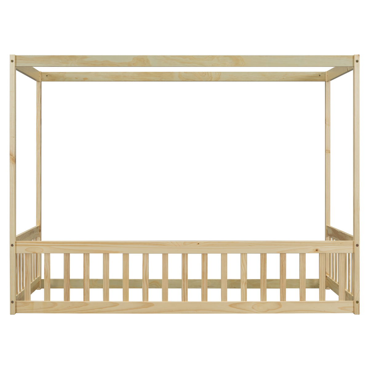 Twin Size Canopy Frame Floor Bed With Fence, Guardrails,Natural Twin Natural American Design Pine