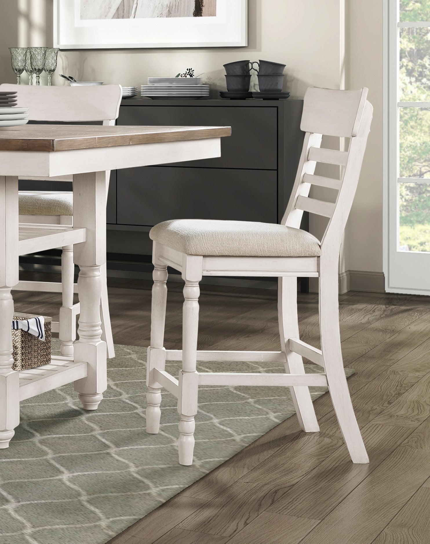 Antique White Finish Counter Height Set 5Pc Table With Bottom Storage And 4 Counter Height Chairs Farmhouse Style Dining Kitchen Set Wooden Furniture Wood Wood Antique White,Brown Seats 4 Wood Dining Room Farmhouse Square Wood