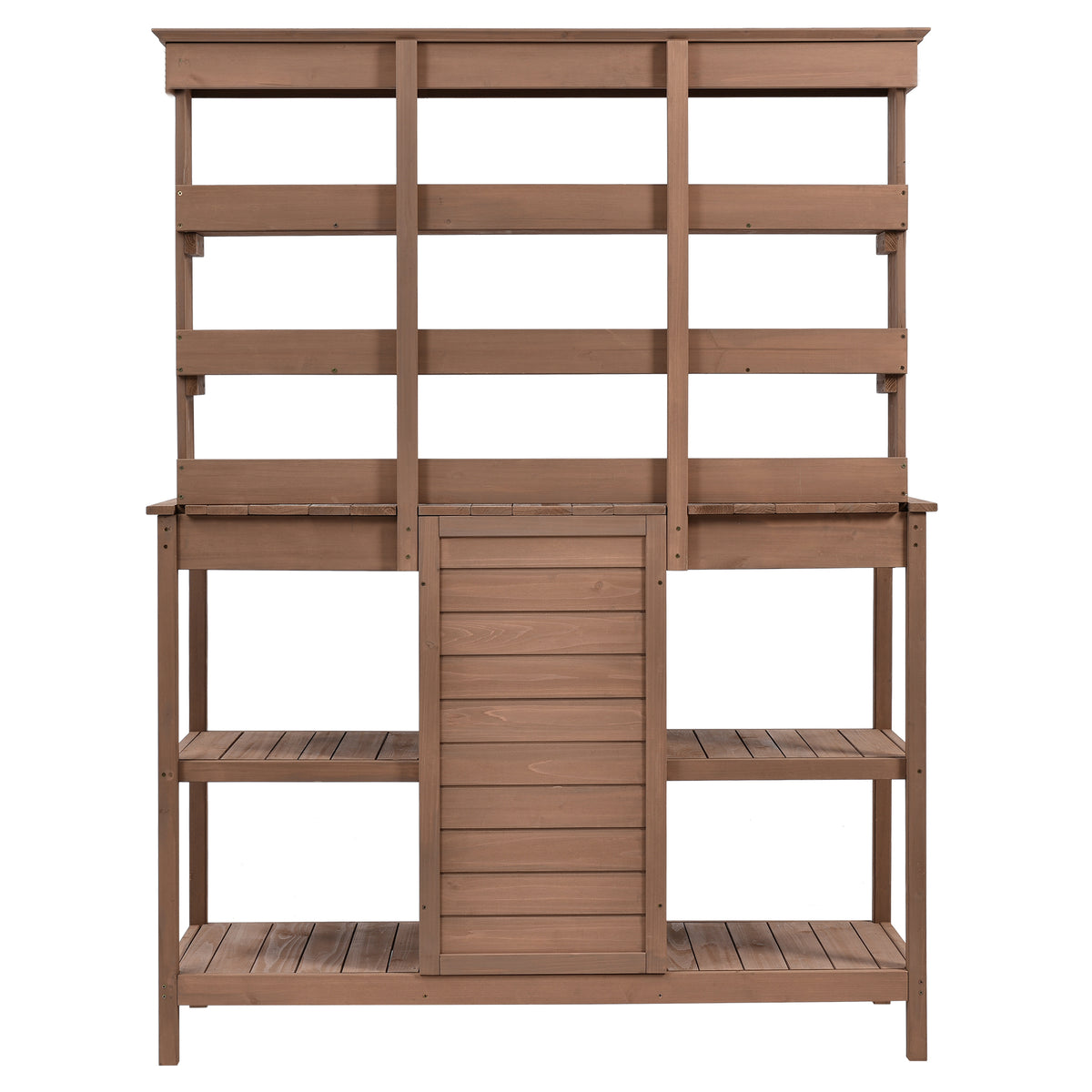 66" Large Outdoor Farmhouse Wooden Potting Bench Table, Garden Workstation With 2 Drawers, Cabinet And Open Shelves For Backyard, Mudroom, Brown Brown Garden & Outdoor Casual Wood Solid Wood