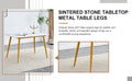 Table And Chair Set.A Morden Table With White Imitation Marble Patterned Stone Burning Tabletop With Golden Metal Legs.Paried With 4 Chairs With Pu Leather Backrest And Black Metal Legs. Black,White Gold Seats 4 Metal,Sintered Stone