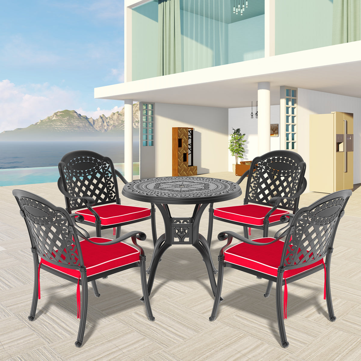 Cushions In Random Colors 5 Piece Set Of Cast Aluminum Patio Furniture With Cushions Yes Dining Set Black Seats 4 Rust Resistant Frame Water Resistant Cushion Garden & Outdoor Complete Patio Sets