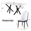 1 Table And 6 Chairs. A Rectangular Dining Table With A White Imitation Marble Tabletop And Black Metal Legs. Paired With 6 Chairs, Equipped With Pu Leather Seat Cushions And Black Metal Legs. F 1538 Black Glass Metal