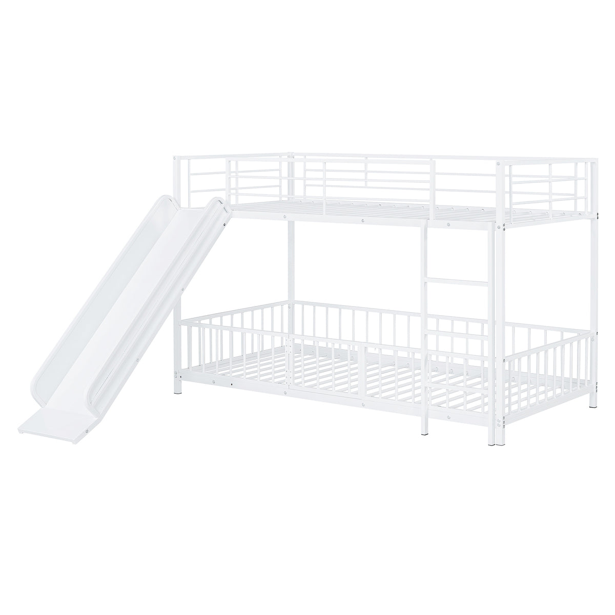 Twin Over Twin Size Metal Bunk Bed With Slide And Guardrails, White Twin White Metal
