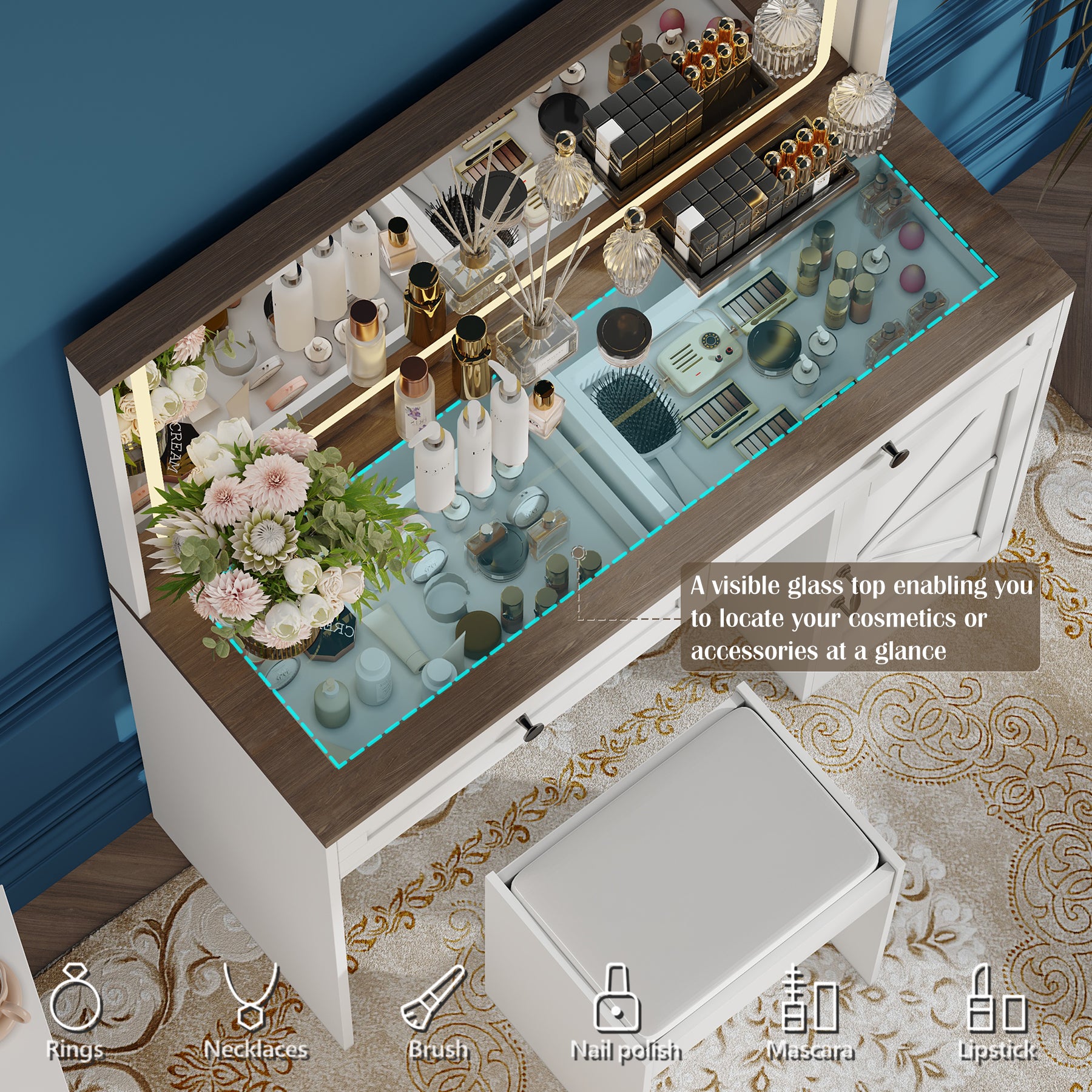43.3"Makeup Vanity Table, Makeup Table With Large Mirror And Led Light Strip, Brightness Adjustable, Dressing Table Desk With 3 Drawers, Vanity Desk For Women White With Stool White Particle Board