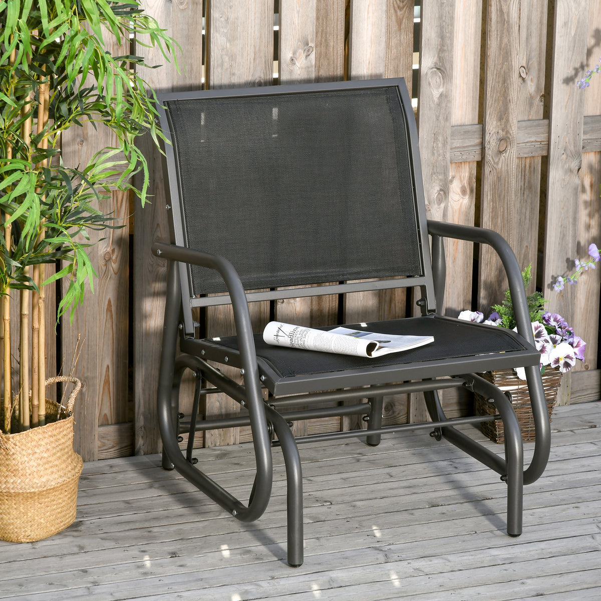 Outsunny Porch Glider, Metal Frame Swing Glider Chair Withmesh Fabric, Curved Armrests And Steel Frame For Garden, Poolside, Backyard, Balcony, Black Black Fabric Metal