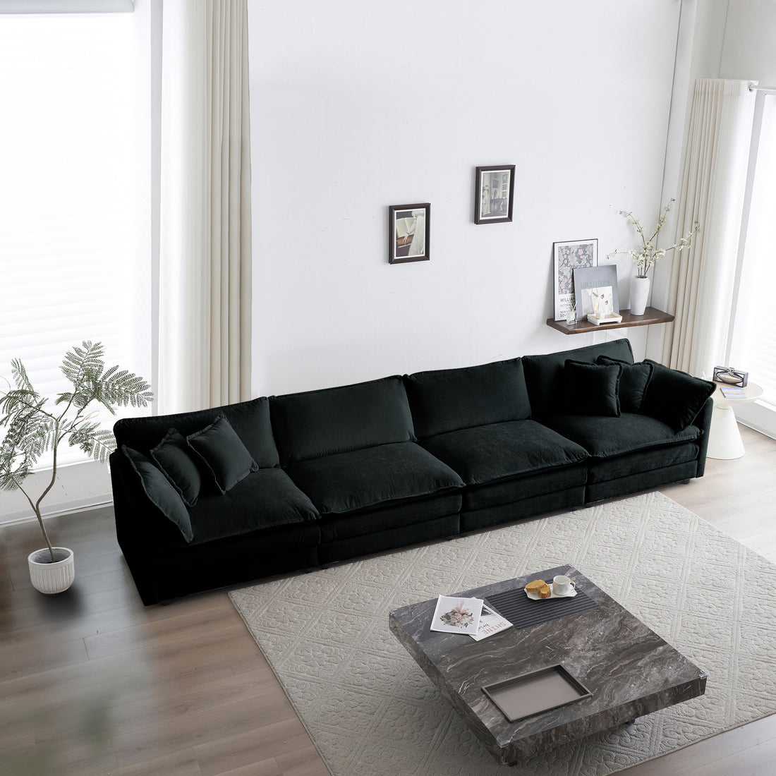 Comfort U Shaped Couch With Reversible Chaise, Modular Large U Shape Sectional Sofa, Double Extra Ottomans,Black Chenille Black Chenille 4 Seat