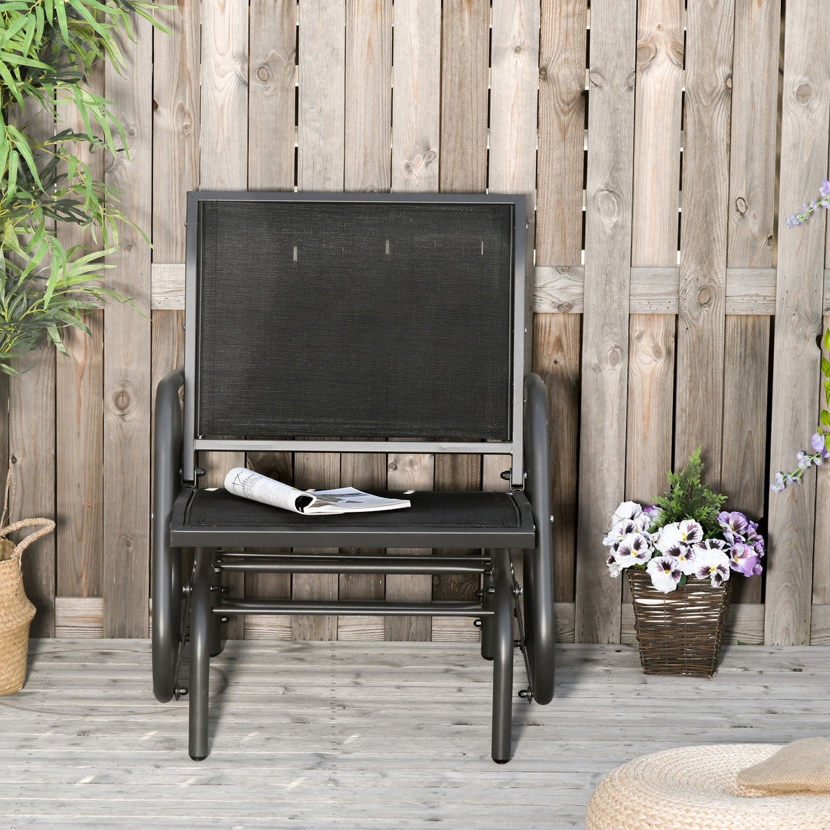 Outsunny Porch Glider, Metal Frame Swing Glider Chair Withmesh Fabric, Curved Armrests And Steel Frame For Garden, Poolside, Backyard, Balcony, Black Black Fabric Metal