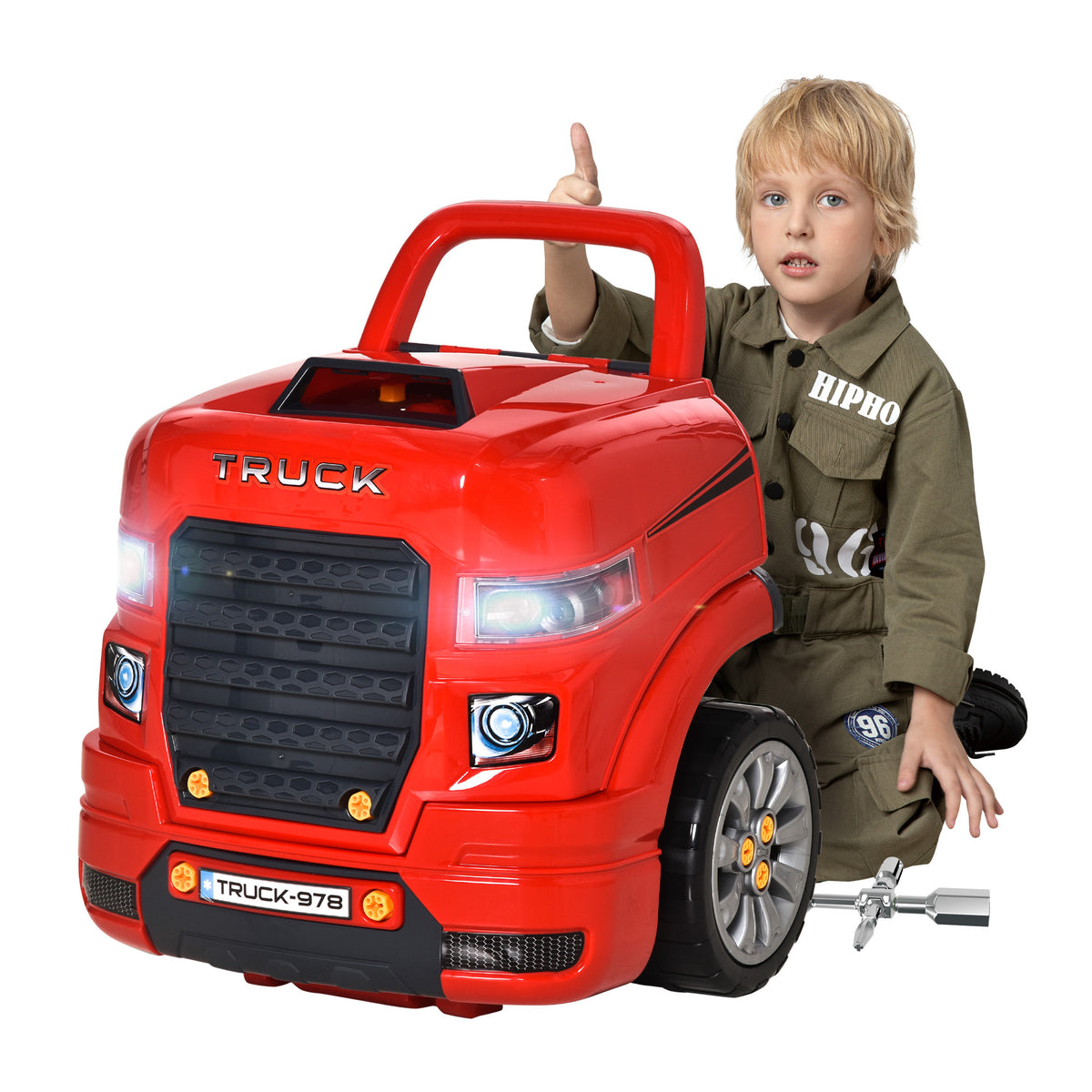 Qaba Kids Truck Engine Toy, Kids Mechanic Car Repair Set, Engine Disassembly Play Workshop, Includes 61 Pieces, Steering Wheel, Horn, Light For 3 5 Years Old, Red Red Abs
