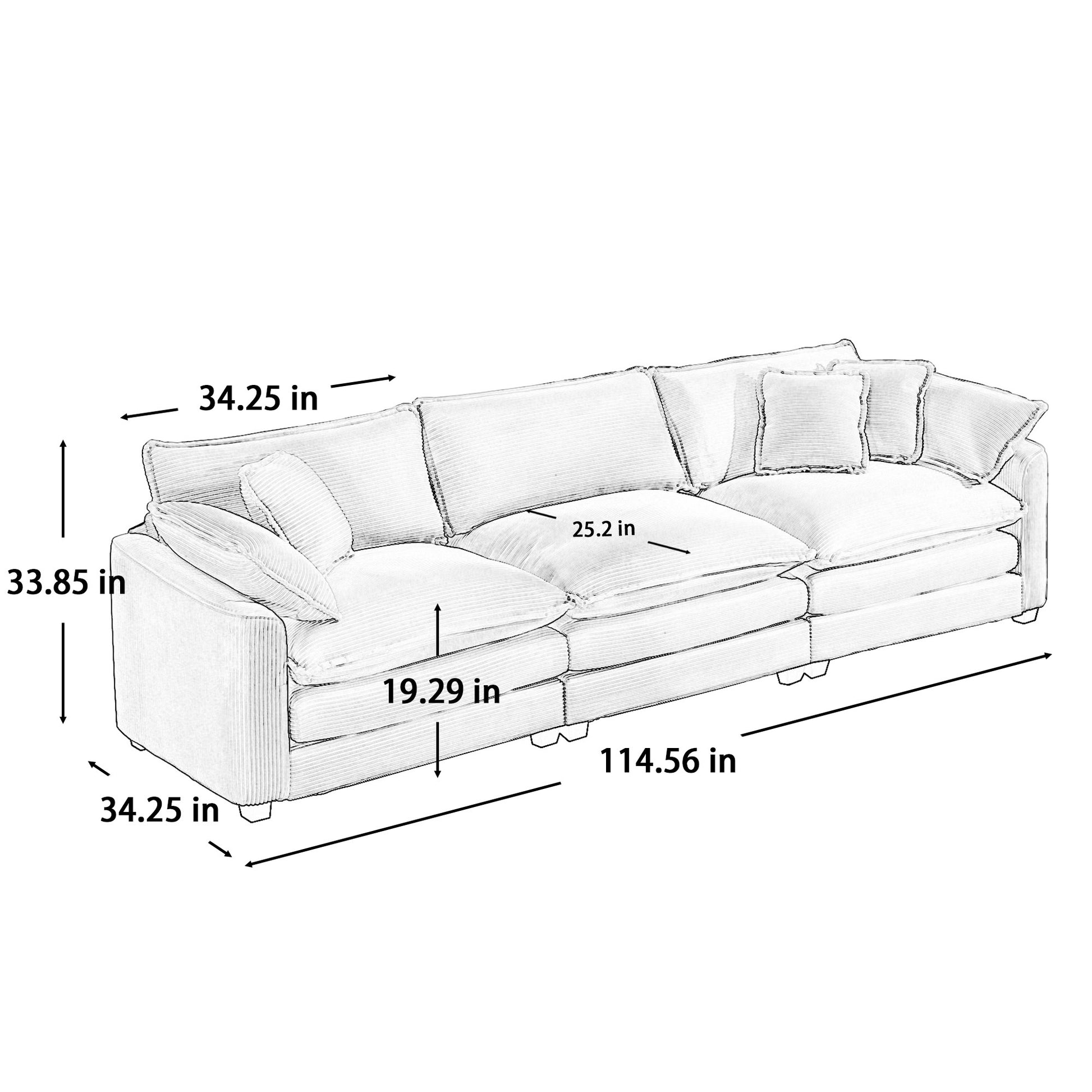 Mid Century Modern Sectional Sofa 3 Seater Sectional Sofa With 2 Arm Pillows And 3 Pillows, Living Room Sectional Green Corduroy Fabric Green Corduroy 3 Seat