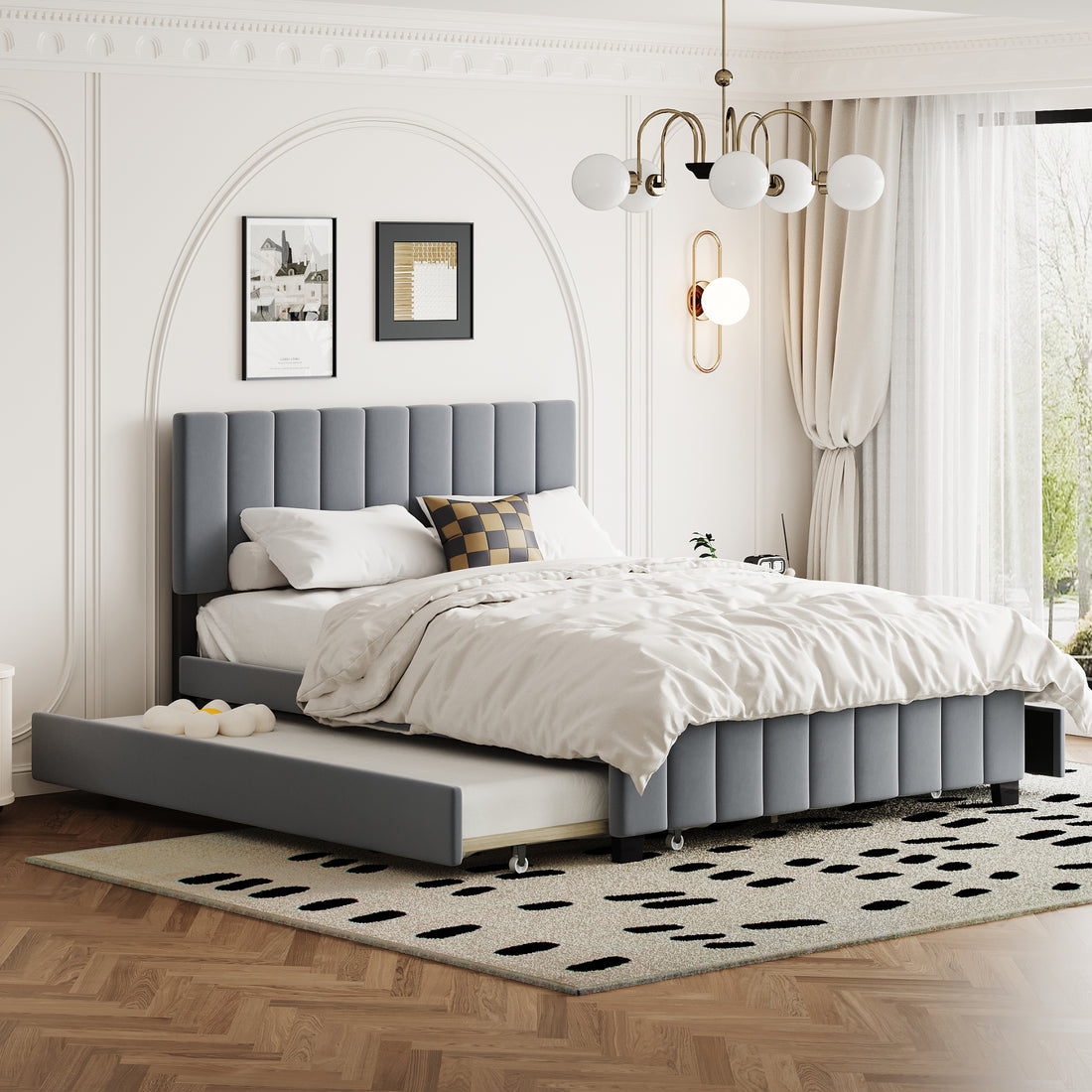 Queen Size Velvet Upholstered Platform Bed With 2 Drawers And 1 Twin Xl Trundle Gray Queen Gray Upholstered