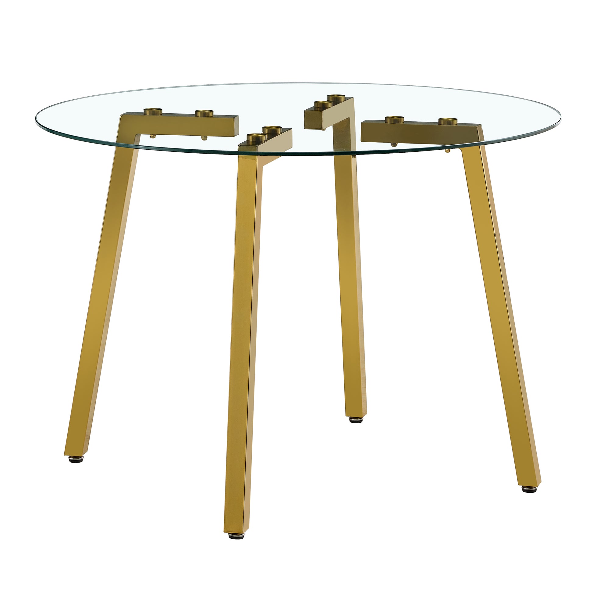 Table And Chair Set.A Modern Minimalist Style Round Clear Tempered Glass Table With Metal Legs.Paried With White Chairs With Modern Pu Leather High Back Upholstered And C Tube Golden Legs. Transparent Seats 6 Glass