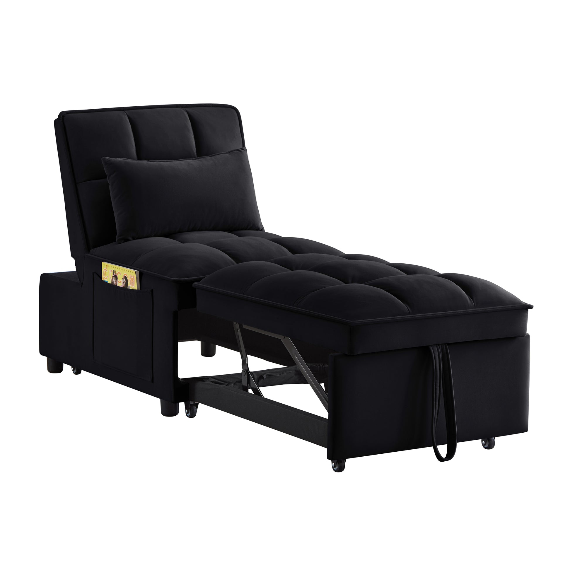 4 In1 Multi Function Single Sofa Bed With Storage Pockets,Tufted Single Pull Out Sofa Bed With Adjustable Backrest And Pillows ,Convertible Chaise Lounge,Black Black Velvet Metal Primary Living Space Medium Soft American Design Armless Foam Velvet 1 Seat