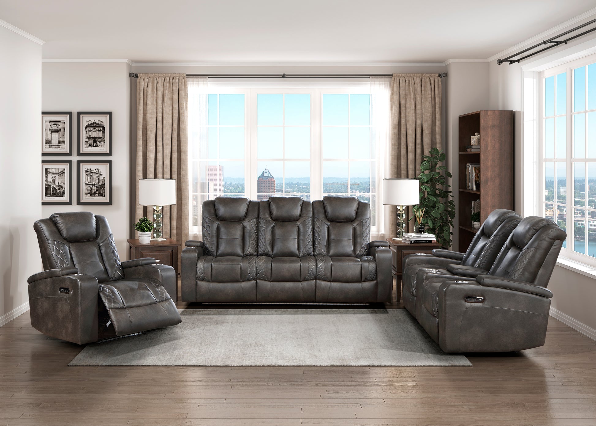 Luxury Comfort Modern Living Room Furniture 1Pc Power Reclining Sofa Premium Faux Leather Upholstery, Power Headrests, Led Light, Usb Ports, Power Outlets, Hidden Storage Brown Gray Faux Leather Wood Primary Living Space Luxury,Modern Plywood,Solid Wood