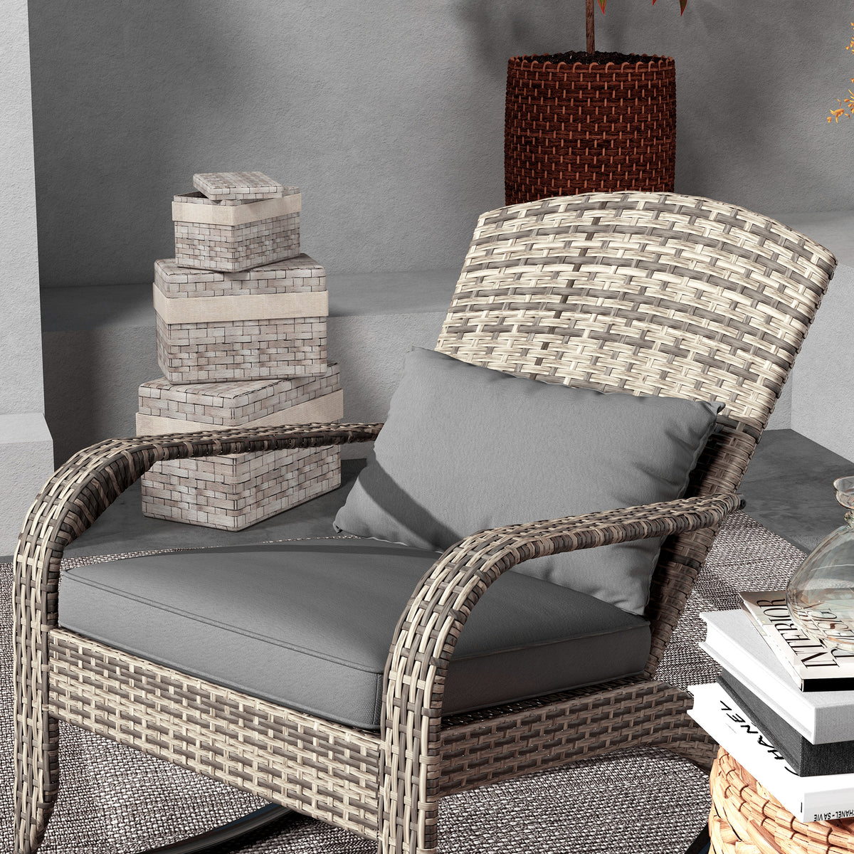 Outsunny Outdoor Wicker Adirondack Rocking Chair, Patio Rattan Rocker Chair With High Back, Seat Cushion, And Pillow For Garden, Porch, Balcony, Gray Gray Rattan