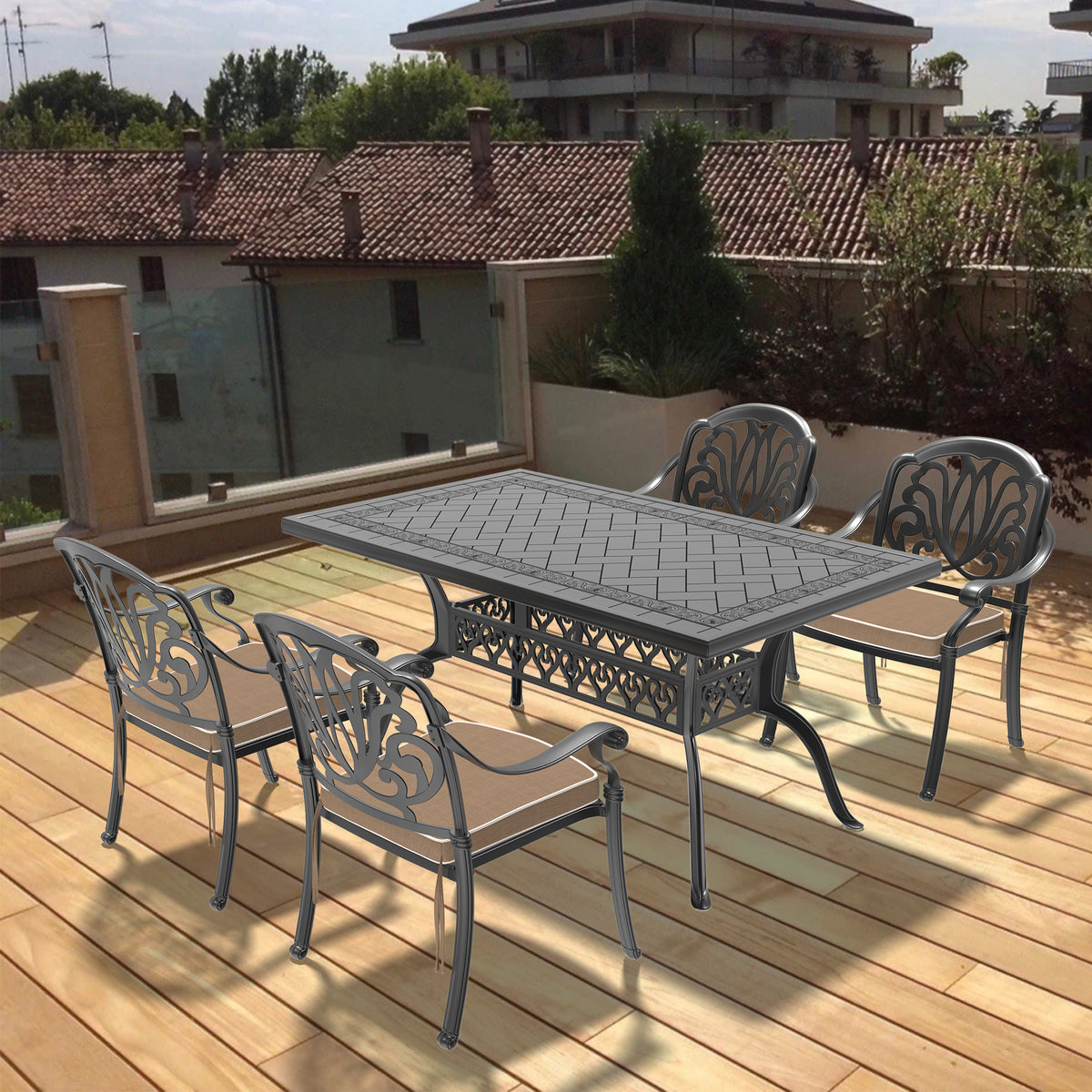 Cushions In Random Colors 5 Piece Set Of Cast Aluminum Patio Furniture With Cushions Yes Complete Patio Set Black Seats 4 Rust Resistant Frame Water Resistant Cushion Garden & Outdoor Complete Patio Sets Aluminium