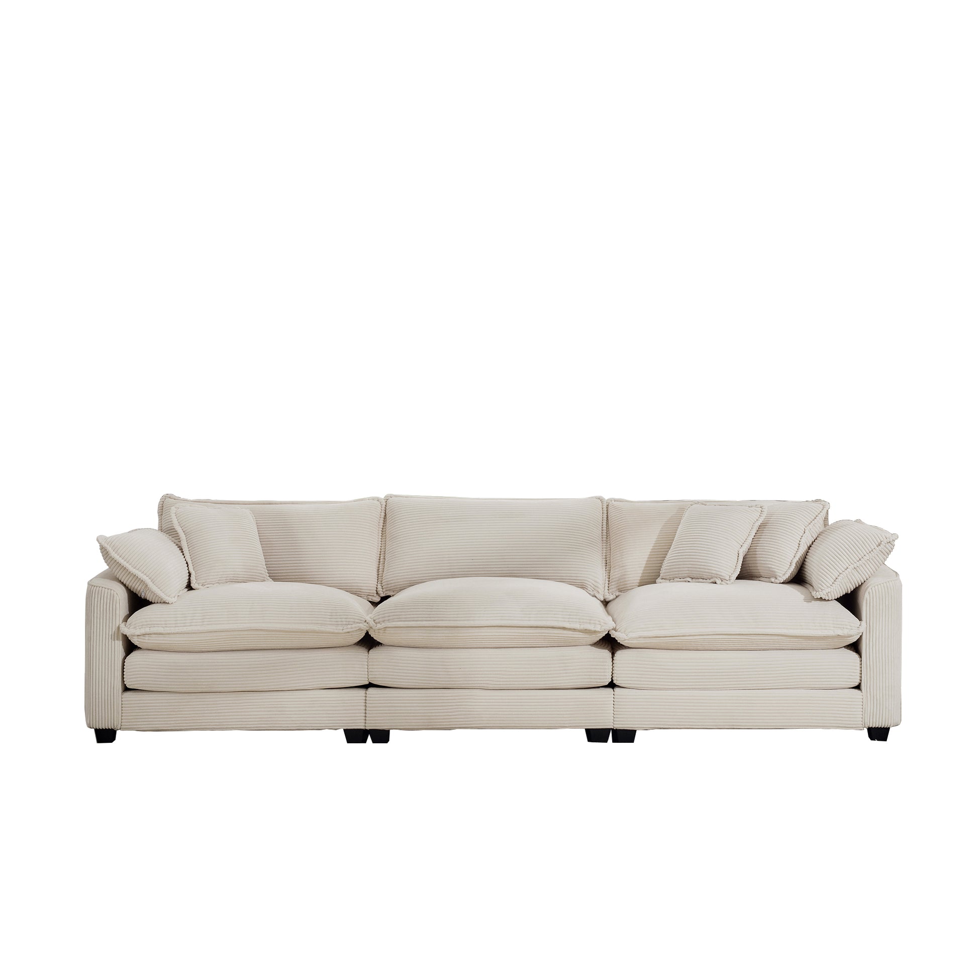 Mid Century Modern Sofa 3 Seater Sectional Sofa With 2 Arm Pillows And 3 Throw Pillows, Light Beige Corduroy Fabric Beige Corduroy 3 Seat
