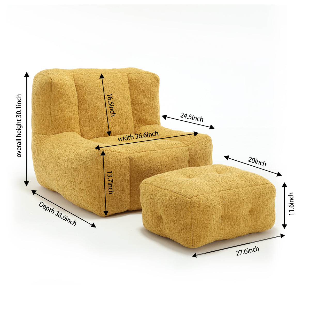Fluffy Bean Bag Chair, Comfortable Bean Bag For Adults And Children, Super Soft Lazy Sofa Chair With Memory Foam And Ottoman, Indoor Modern Focus Bean Bag Chair For Living Room, Bedroom, Apartment Yellow Velvet