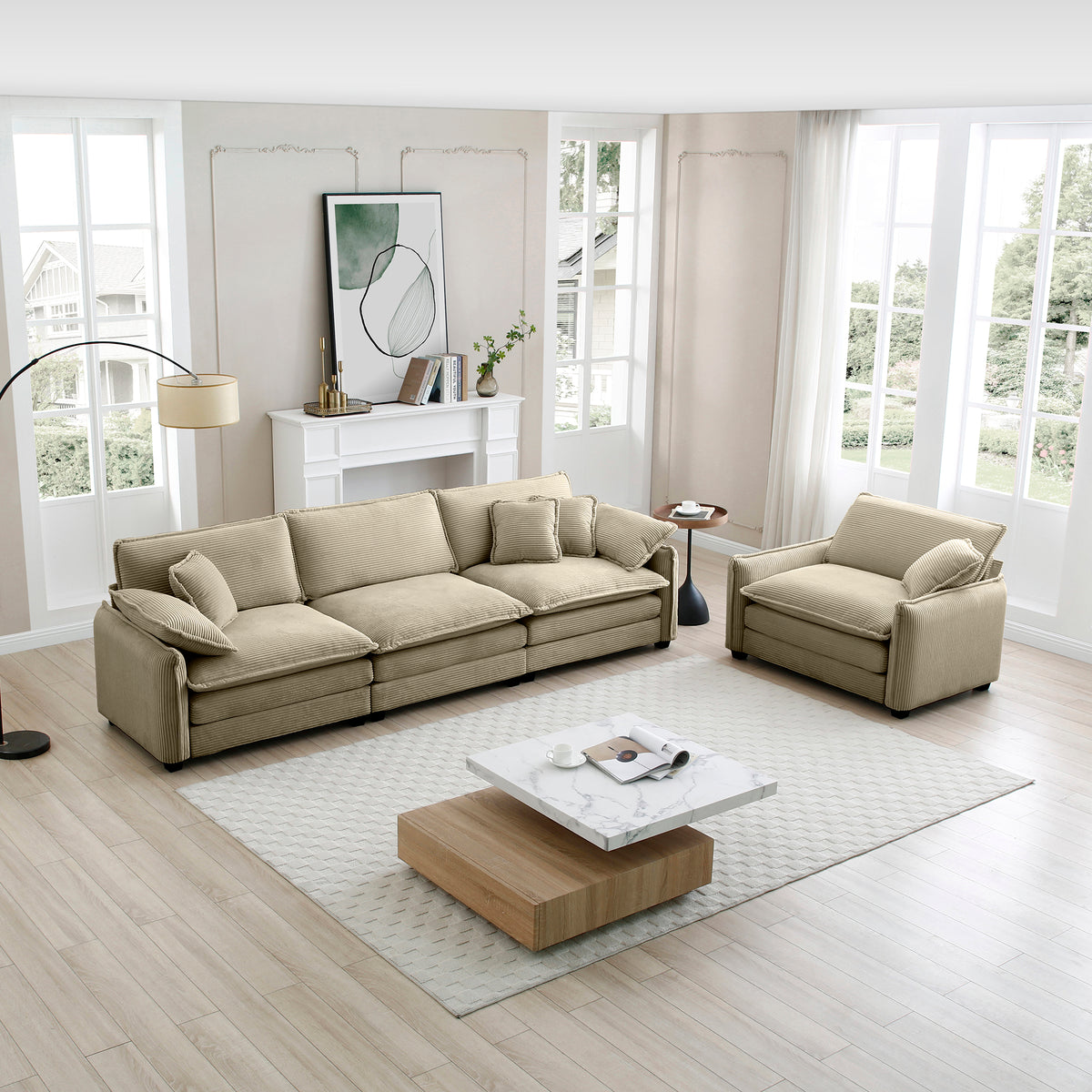 Mid Century Modern Sofa Set Of Two, One 3 Seater Sofa And One Single Seat Sofa With 2 Arm Pillows And 4 Throw Pillows,2 Pieces Sofa Set For Living Room,Tan Corduroy Fabric Tan Corduroy 4 Seat