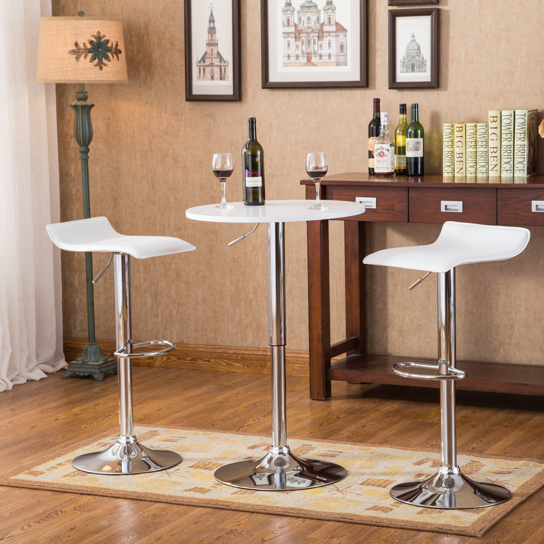 Baxton White Adjustable Height Wood And Chrome Metal Bar Table And 2 Chrome Air Lift Adjustable Swivel Stools Set Metal White Seats 2 Metal Round Dining Table With Chair Metal