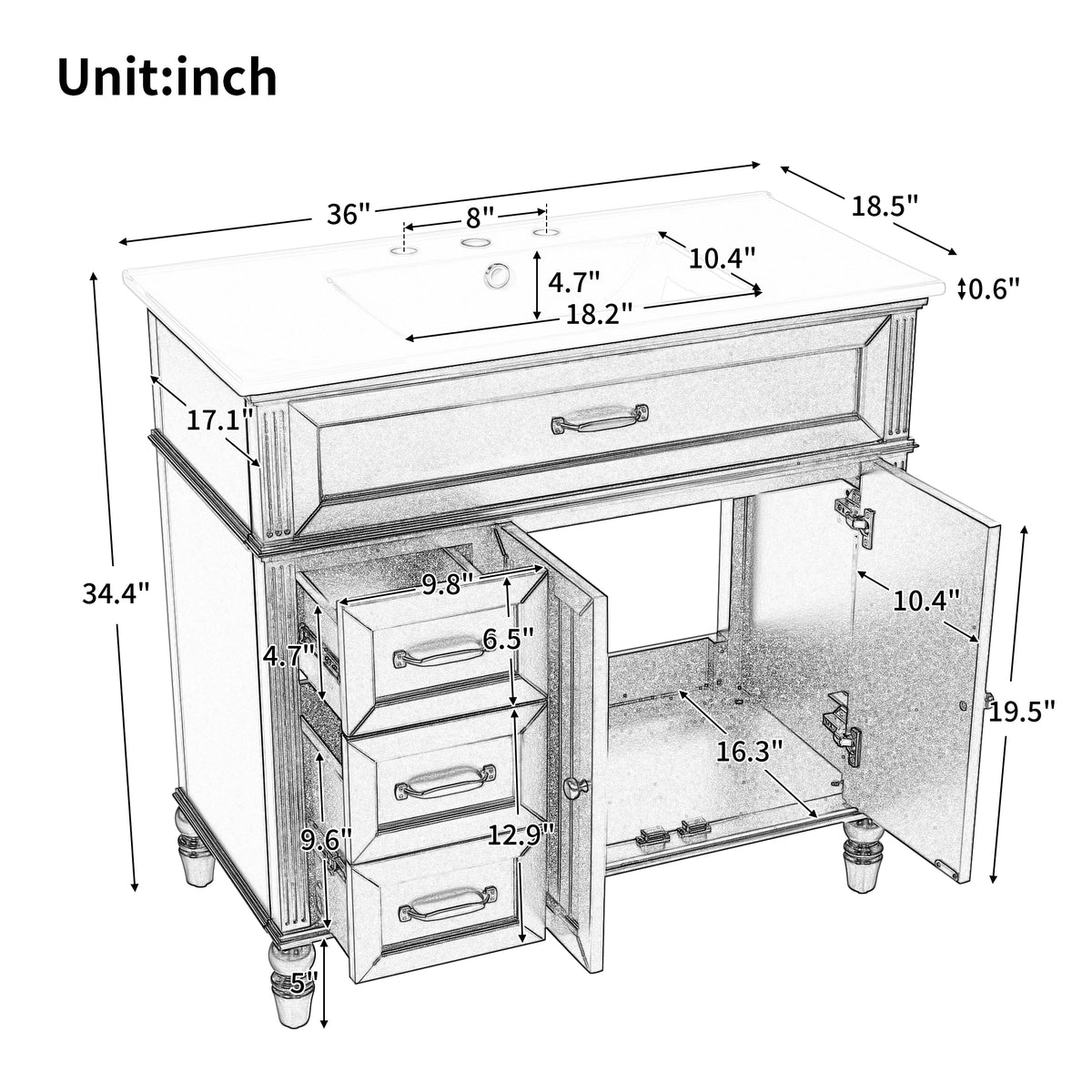 36" Bathroom Vanity With Sink, Black Bathroom Cabinet With Drawers, Solid Frame And Mdf Board, One Package Black Solid Wood Mdf