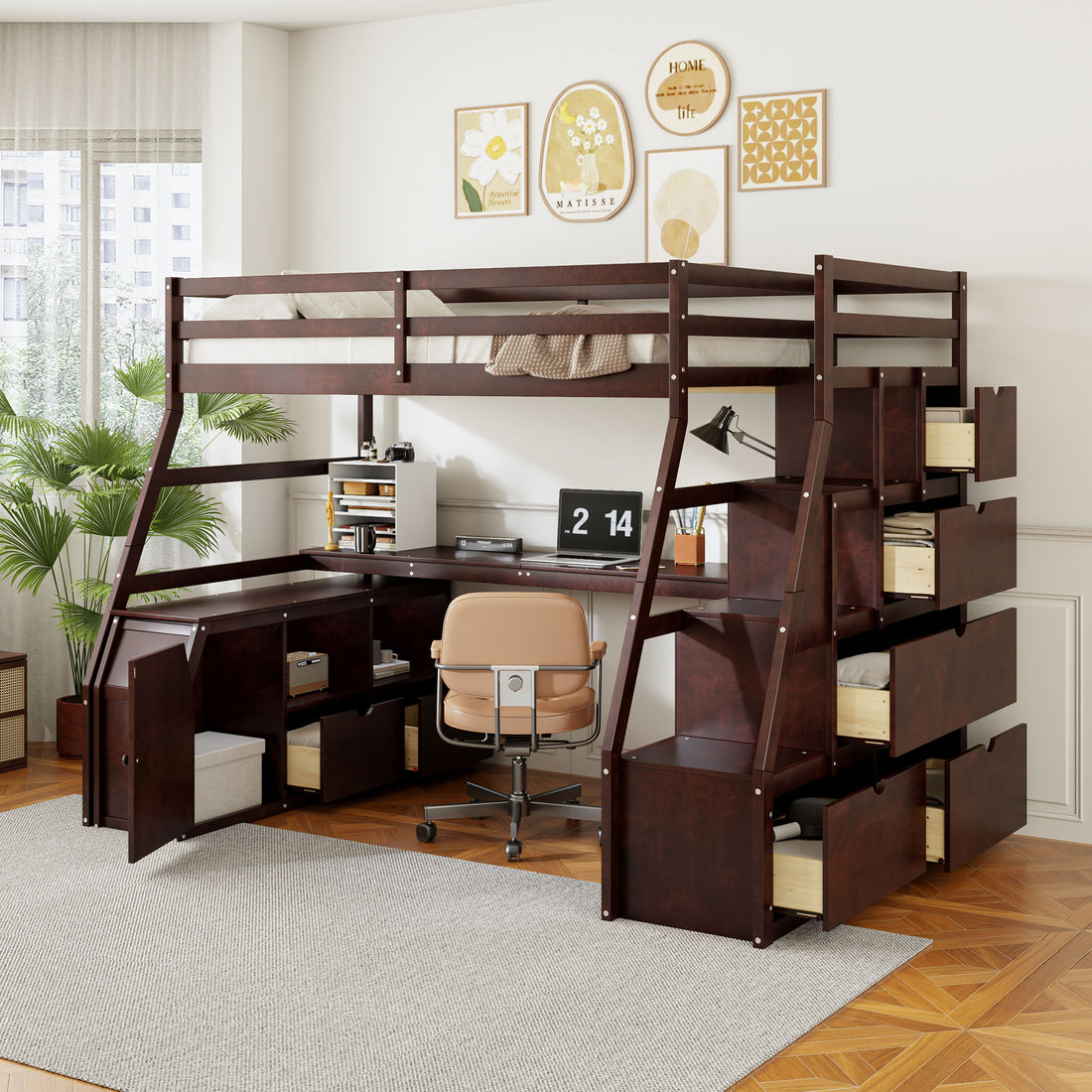 Full Size Loft Bed With 7 Drawers 2 Shelves And Desk Espresso Full Espresso Plywood