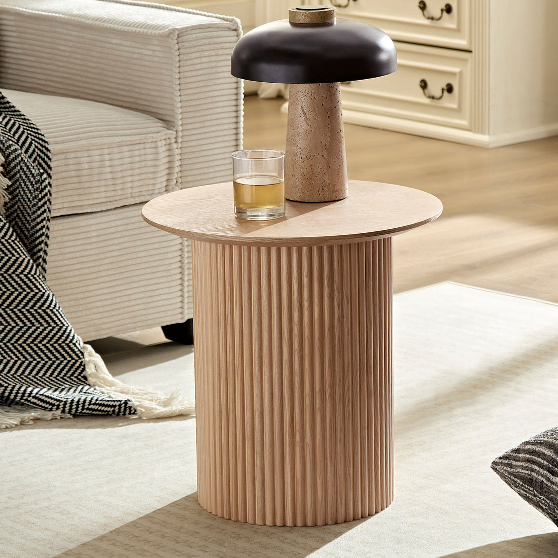 17.71 Inch Round Fluted Side Table Circle Small Accent Table For Living Room Mid Century Circle Bedside Table For Bedroom Oak Oak Mdf