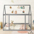 Full Size Floor Wooden Bed With House Roof Frame And Safety Guardrails ,Gray Full Gray Pine