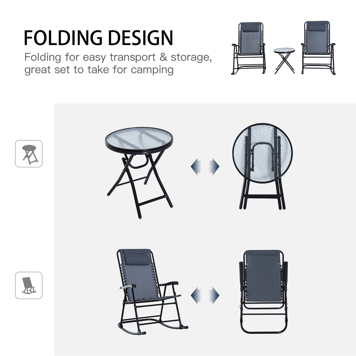 Outsunny 3 Piece Outdoor Rocking Bistro Set, Patio Folding Chair Table Set With Glass Coffee Table For Yard, Patio, Deck, Backyard, Grey Grey Fabric