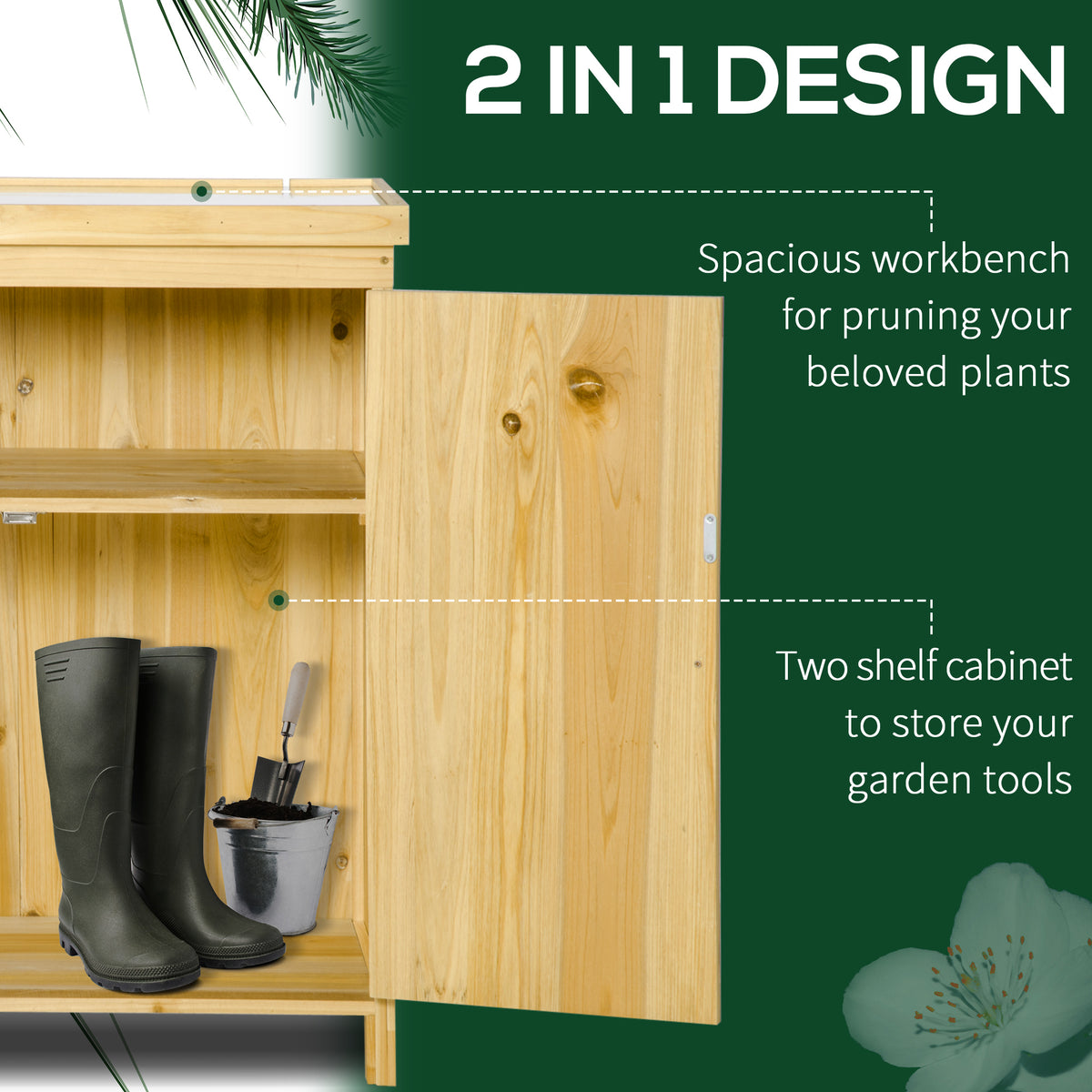 Outsunny Garden Storage Cabinet, Outdoor Tool Shed With Galvanized Top And Two Shelves For Yard Tools Or Pool Accessories, Natural Natural Wood Wood