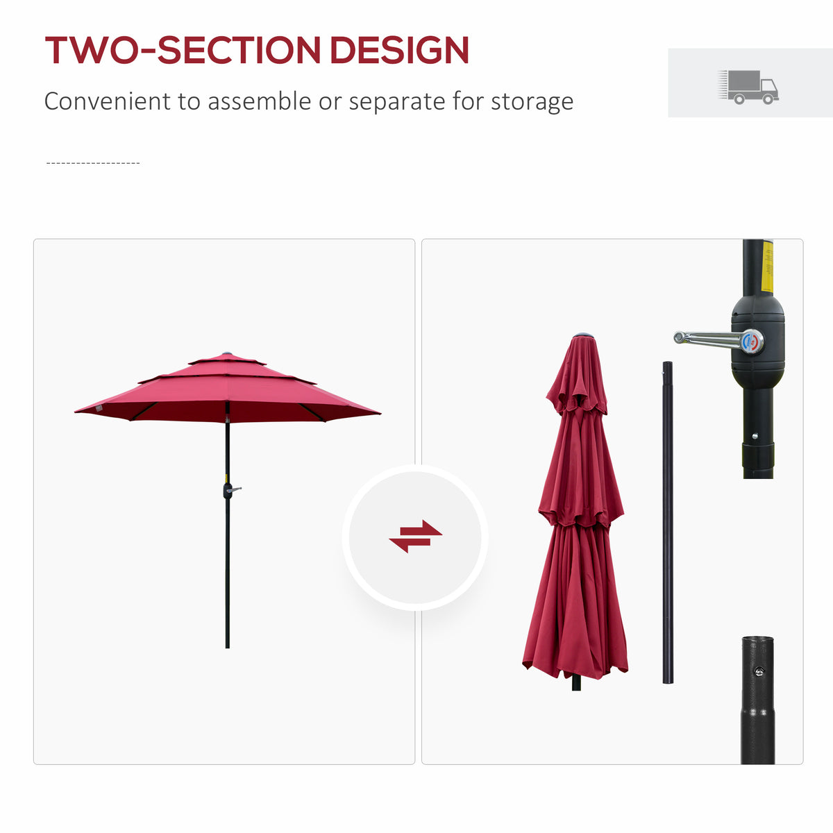 Outsunny 9Ft 3 Tiers Patio Umbrella Outdoor Market Umbrella With Crank, Push Button Tilt For Deck, Backyard And Lawn, Wine Red Wine Red Polyester