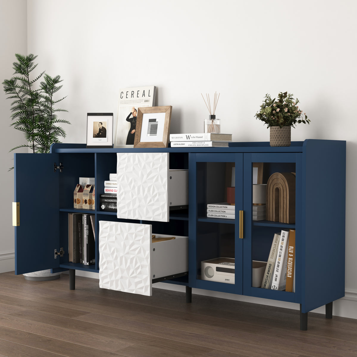 Modern Kitchen Pantry Storage Cabinet55" Coffee Bar Storage Cabinet With 2 Drawers, 2 Open Storage Compartment & 2 Glass Doors, Wood Buffet Table For Kitchen, Living Room, Blue Blue Mdf
