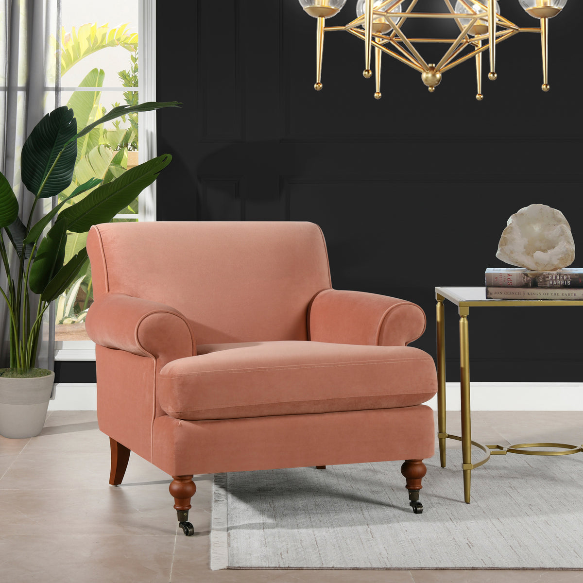 Alana 38" Lawson Accent Arm Chair Metal Casters, Peach Orange Velvet Orange Foam Velvet