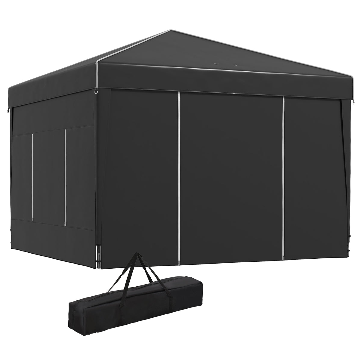 Outsunny 9.7' X 9.7' Pop Up Canopy With Sidewalls, Portable Canopy Tent With 2 Mesh Windows, Reflective Strips, Carry Bag For Events, Outdoor Party, Vendor Canopy, Black Black Steel