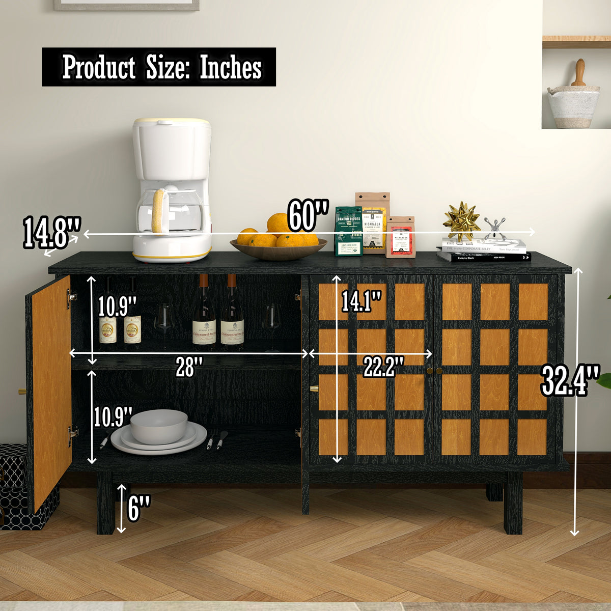 Modern Wood Tv Stand, Entertainment Center For Tvs Up To 65", Sideboard Buffet Cabinet Credenza, Slatted Media Console For Living Room, Wooden Furniture For Living Room & Bedroom Black 60 69 Inches 60 Inches Solid Wood Mdf