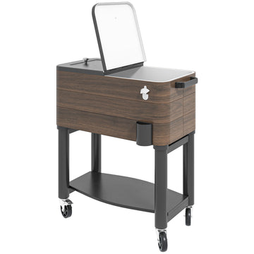 Outsunny Outdoor Cooler Cart, Rolling Beverage Ice Chest, Rugged Steel Patio Cooler With Locking Wheels, 60 Quart Capacity For Poolside Bbqs, Brown Brown Plastic