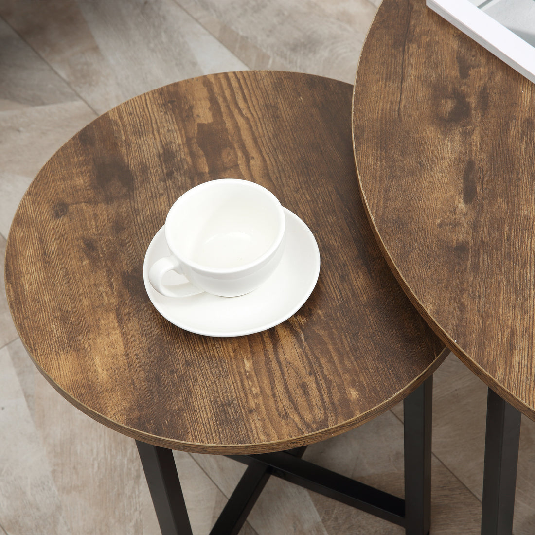 Homcom Round Coffee Table Set Of 2, Industrial Living Room Tables With Metal Frame, Circle Coffee Tables For Living Room, Rustic Brown Rustic Brown Mdf
