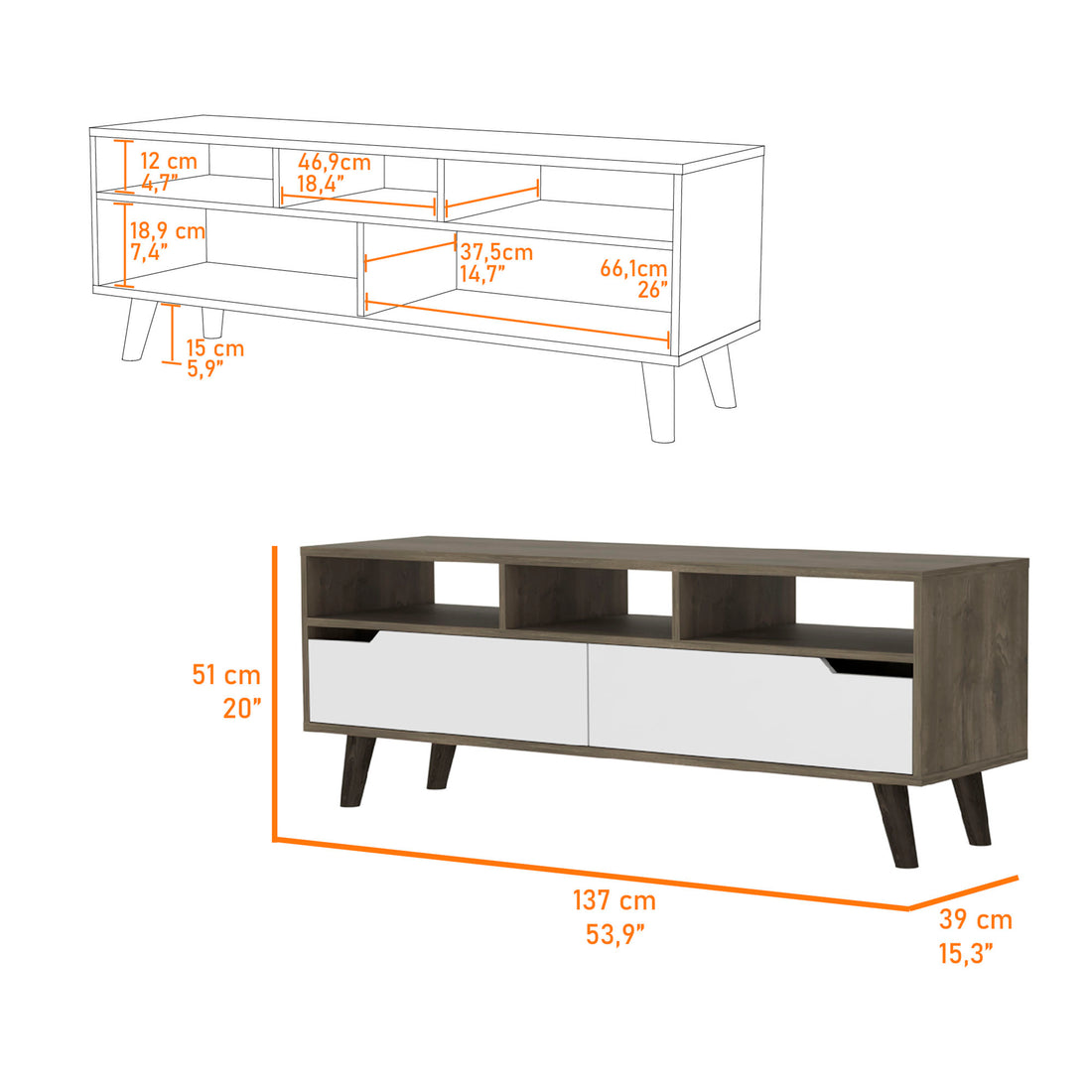 Hamburg Tv Stand For Tv S Up 52", Four Legs, Three Open Shelves,Two Upturned Drawers Multicolor Primary Living Space 50 59 Inches Contemporary 55 Inches Melamine Engineered Wood