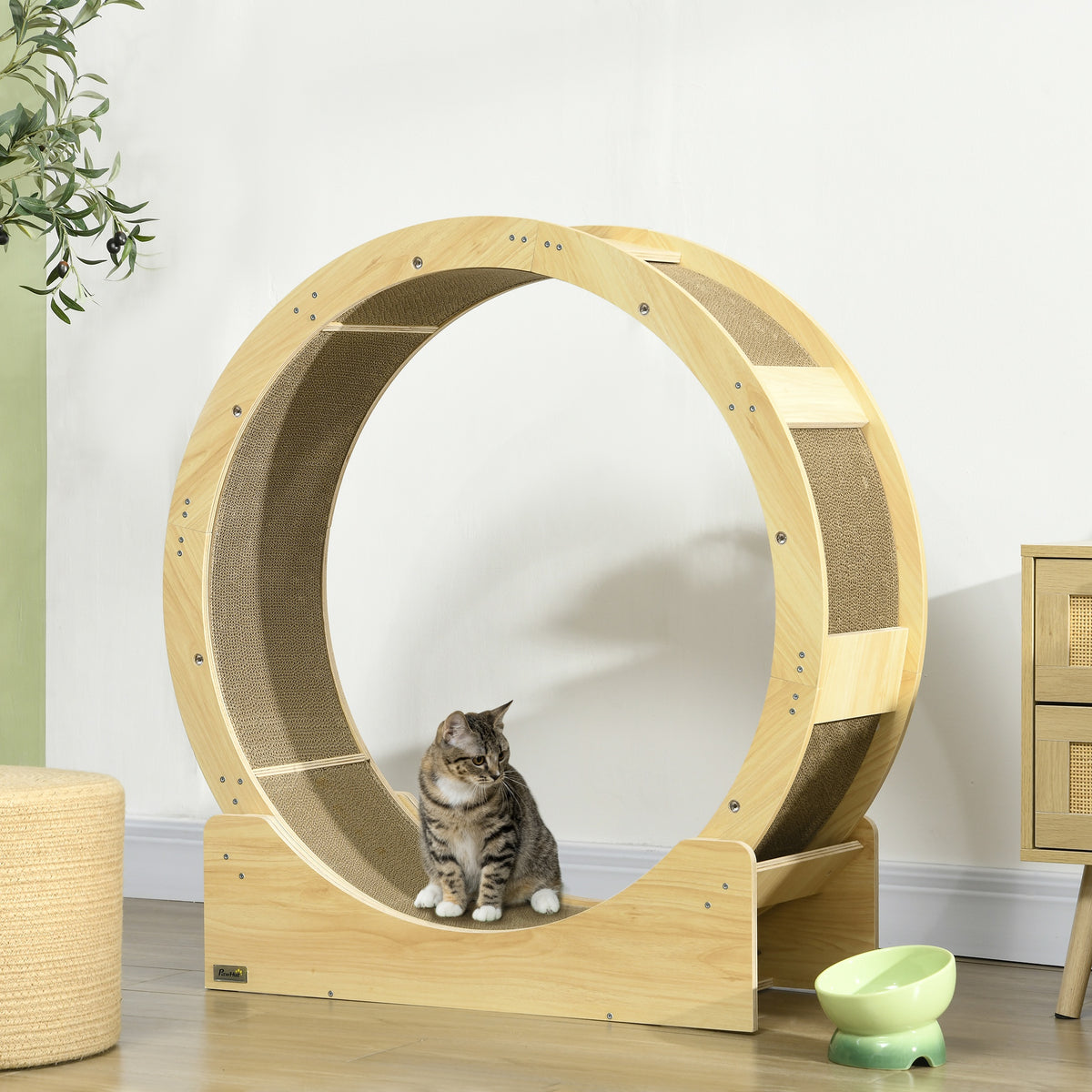 Pawhut Cat Wheel For Indoor Cats, 36" Cat Treadmill With Scratching Pads, Cat Exercise Running Wheel With Brake For Health And Fitness, Oak Oak Wood